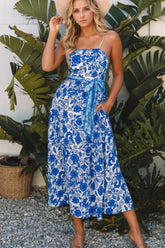 Floral Printed Spaghetti Strap Maxi Dress with Waist Tie OutfitFlow